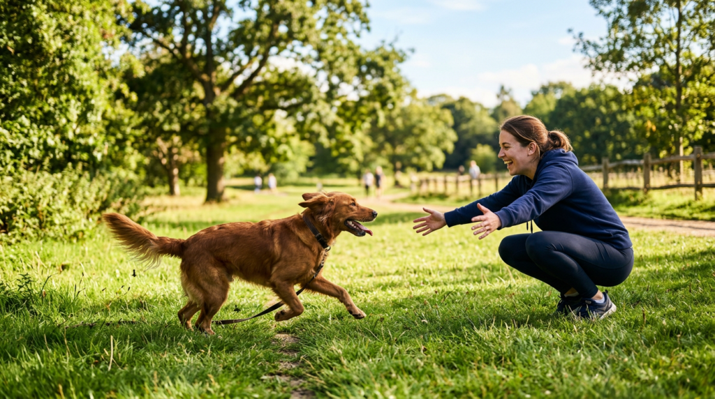 Hund läuft zu Besitzer zurück
