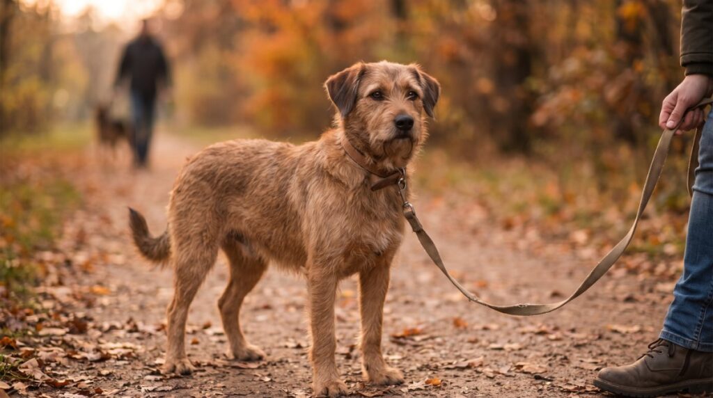 Mischlingshund steht ruhig an lockerer Leine auf einem Herbstweg, im Hintergrund ein anderer Hundehalter in großer Entfernung (KI-generiert)