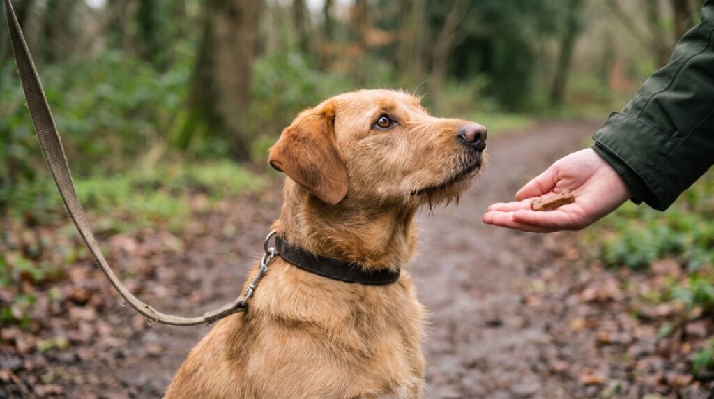 Hund schaut aufmerksam auf ein Leckerli in einer offenen Handfläche, die Leine hängt locker durch (KI-generiert)