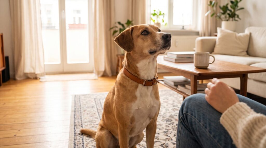 Mischlingshund sitzt aufmerksam auf dem Wohnzimmerboden und schaut zu einer Person, von der nur Bein und Hand zu sehen sind (KI-generiert)