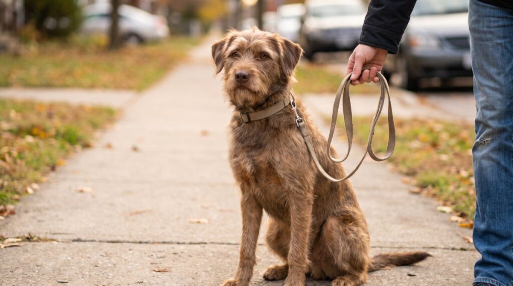 Hund sitzt angeleint am Gehweg neben einer Strasse, die Leine haengt locker durch (KI-generiert)