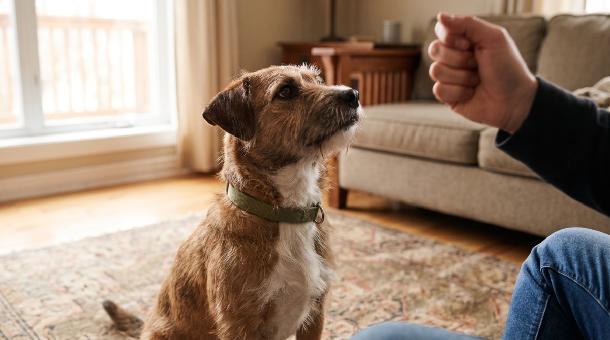 Hund sitzt aufmerksam vor einer geschlossenen Hand, in der kein Leckerli zu sehen ist (KI-generiert)