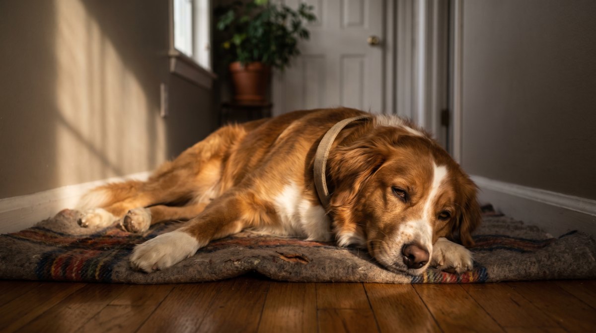 Hund liegt entspannt auf einer Decke und ruht nach einer kurzen Trainingseinheit (KI-generiert)