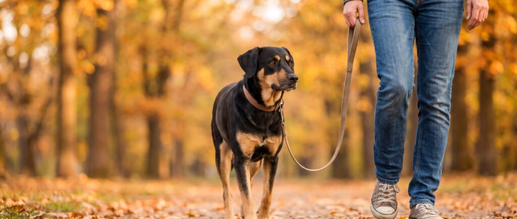 Hund steht entspannt an lockerer Leine neben einer Person auf einem Herbstweg (KI-generiert)