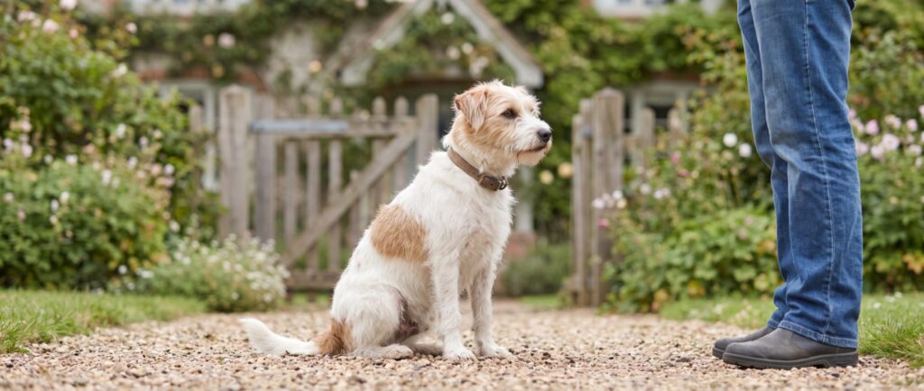 Hund sitzt ruhig am Gartentor und begrüßt einen Besucher, von dem nur die Beine zu sehen sind (KI-generiert)