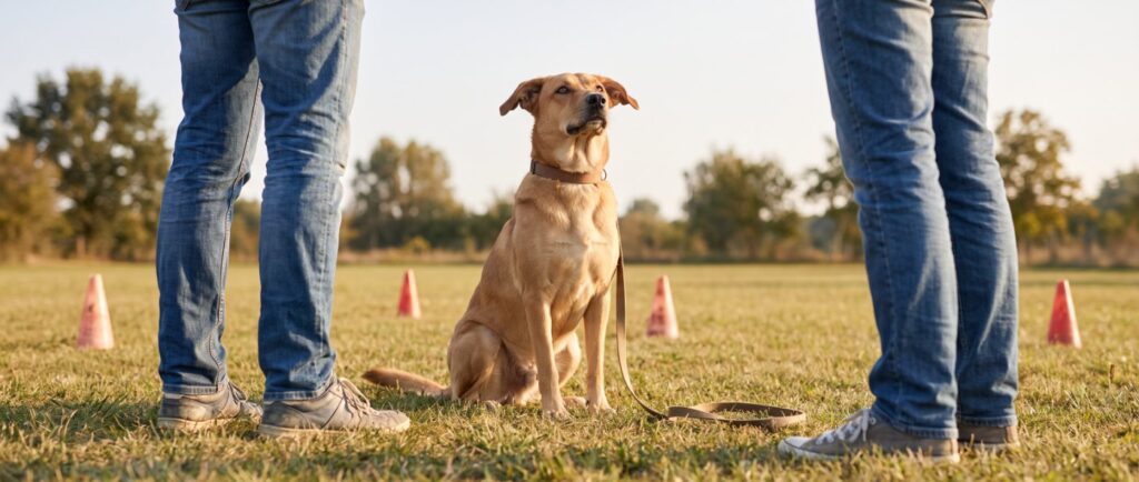 Hund sitzt aufmerksam auf einem Trainingsplatz zwischen zwei Personen, von denen nur die Beine zu sehen sind (KI-generiert)