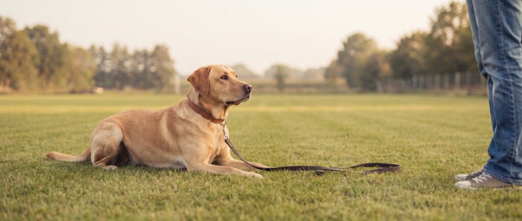 Hund liegt entspannt auf einer Trainingswiese und schaut zu einer Person, von der nur die Beine zu sehen sind (KI-generiert)